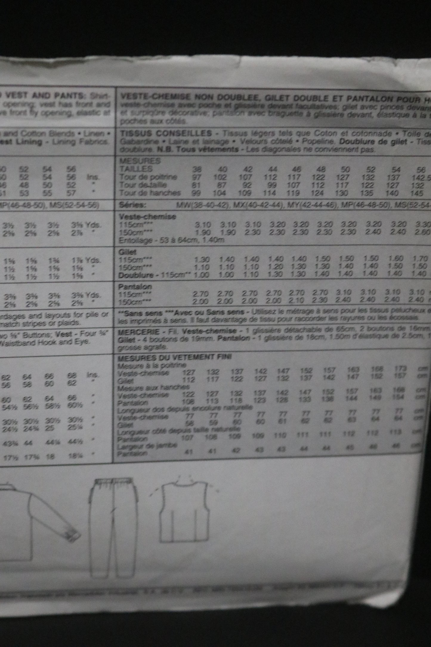 McCalls 9100 Mens unlined Shirt Jacket, Lined Vest and Pants Sewing Pattern - UNCUT Size MY (42 44 46)