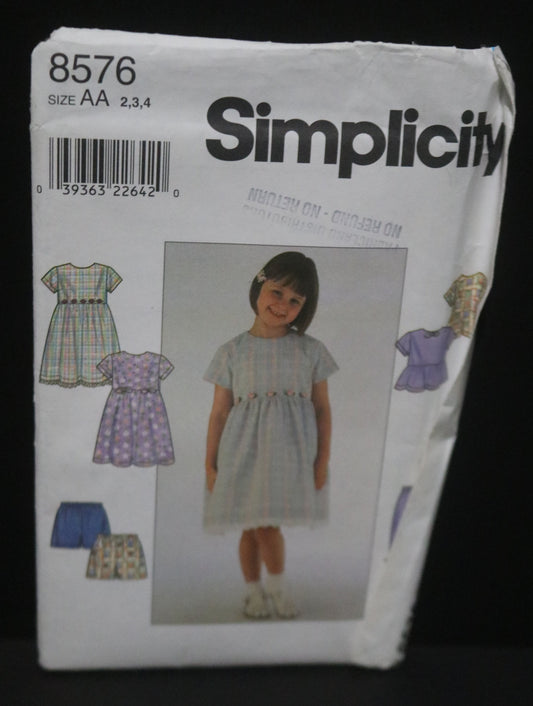 Simplicity 8576 Childs Girls Dress or Top and Pants or Shorts Sewing Pattern - UNCUT Size 2 3 4