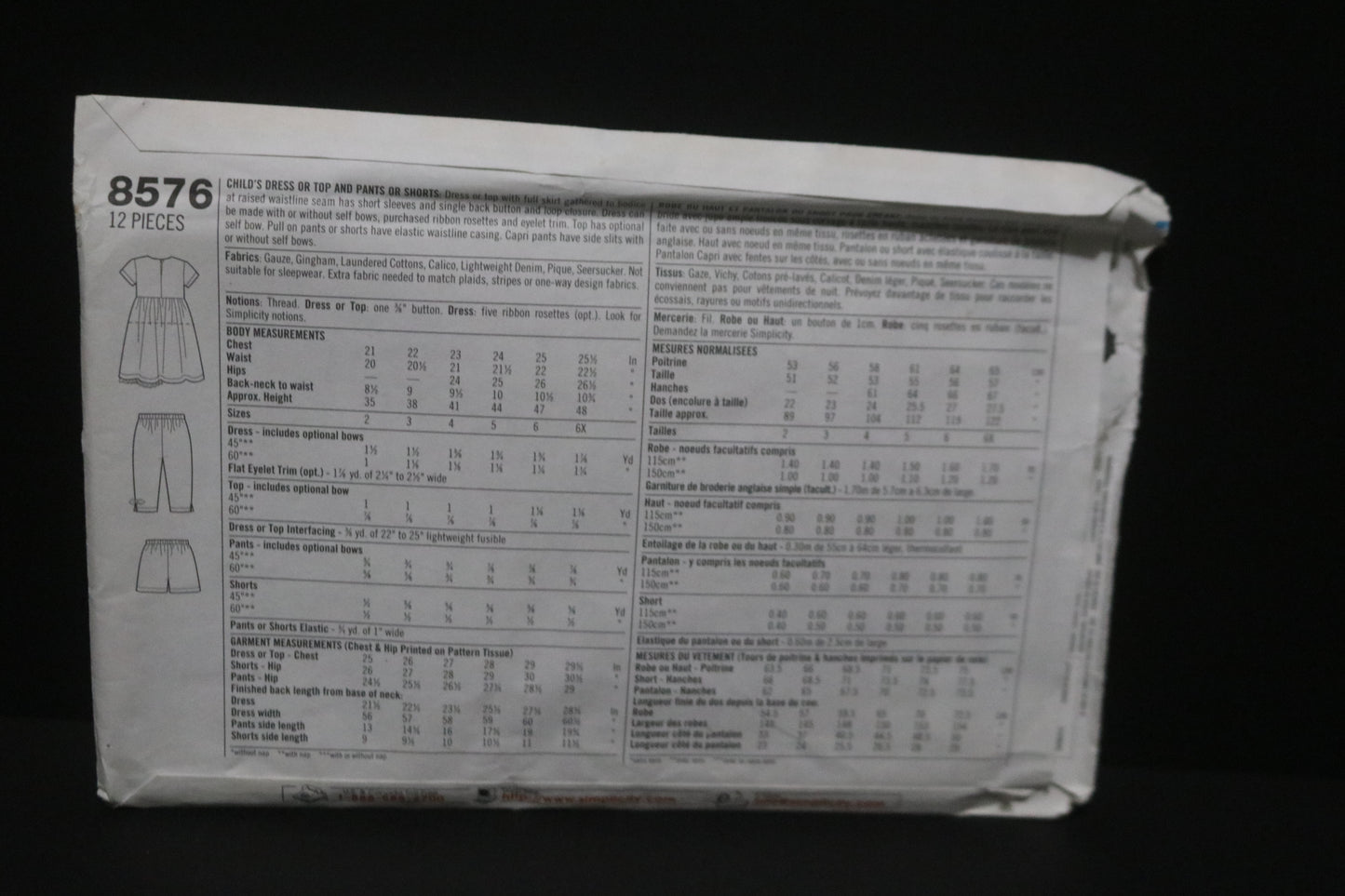 Simplicity 8576 Childs Girls Dress or Top and Pants or Shorts Sewing Pattern - UNCUT Size 2 3 4