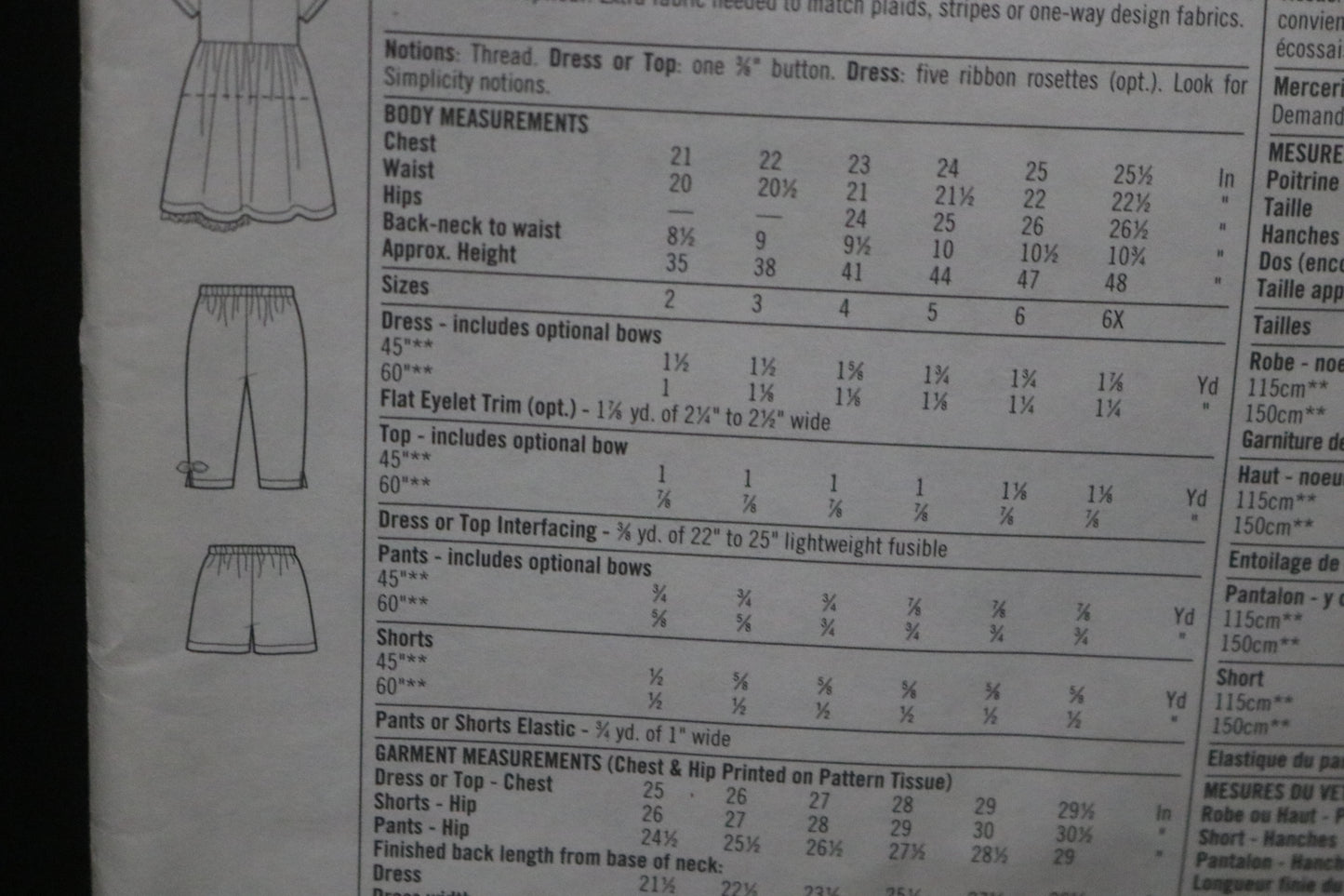 Simplicity 8576 Childs Girls Dress or Top and Pants or Shorts Sewing Pattern - UNCUT Size 2 3 4