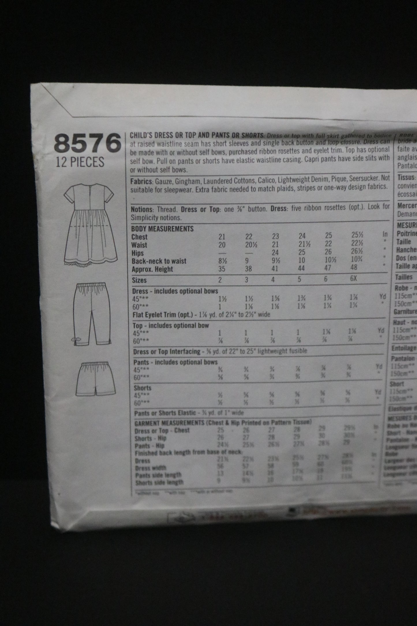 Simplicity 8576 Childs Girls Dress or Top and Pants or Shorts Sewing Pattern - UNCUT Size 2 3 4