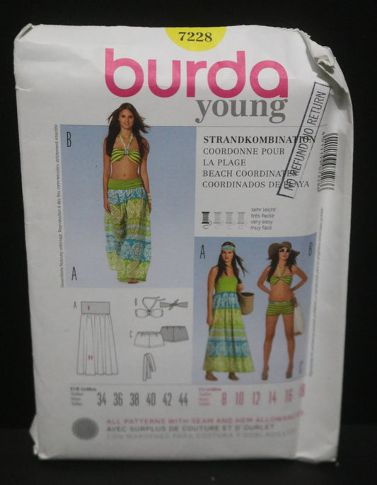 Burda Young  7228 Beach coordinates; Bathing Suit, Skirt and Dress UNCUT - Size 8 10 12 14 16