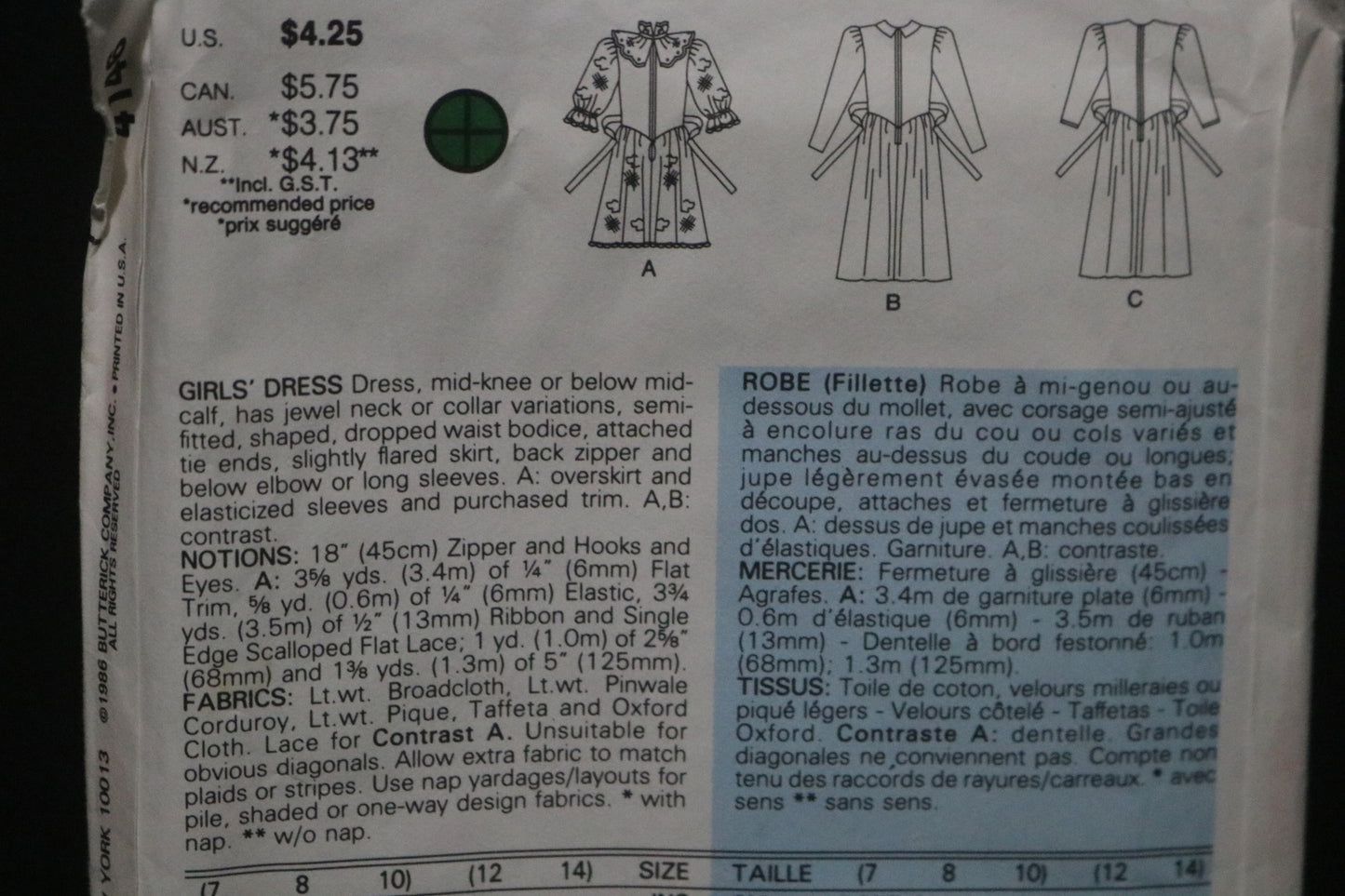 Butterick 4146 Girls Dress Sewing Pattern - UNCUT Size 7 8 10