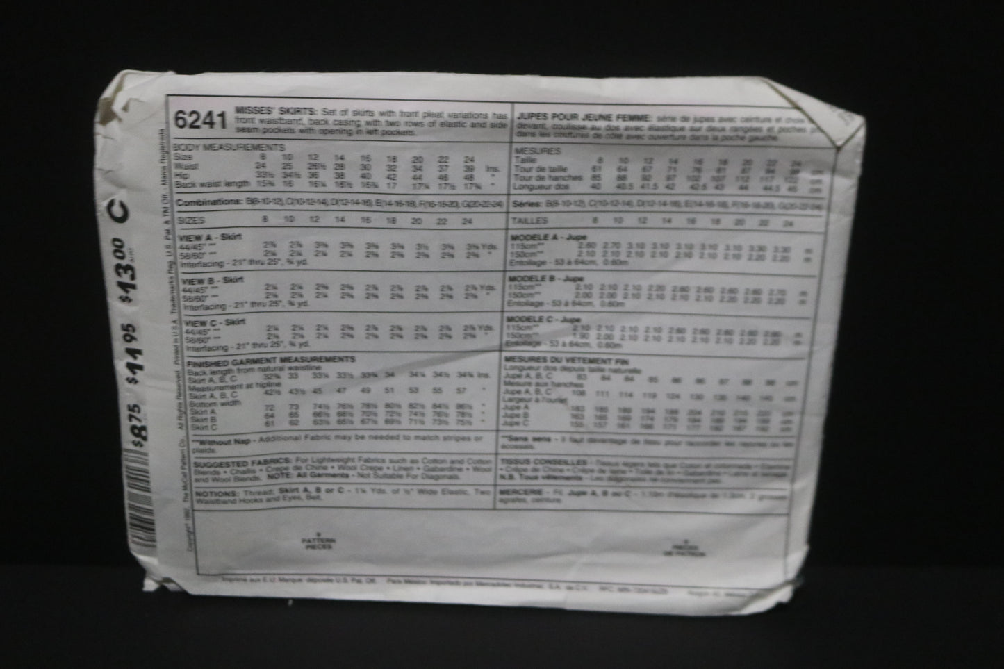 McCalls 6241  Misses Skirts Sewing Pattern UNCUT Size 12 14 16