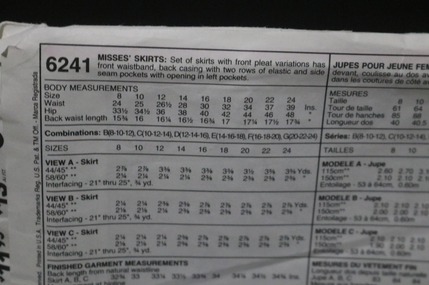 McCalls 6241  Misses Skirts Sewing Pattern UNCUT Size 12 14 16