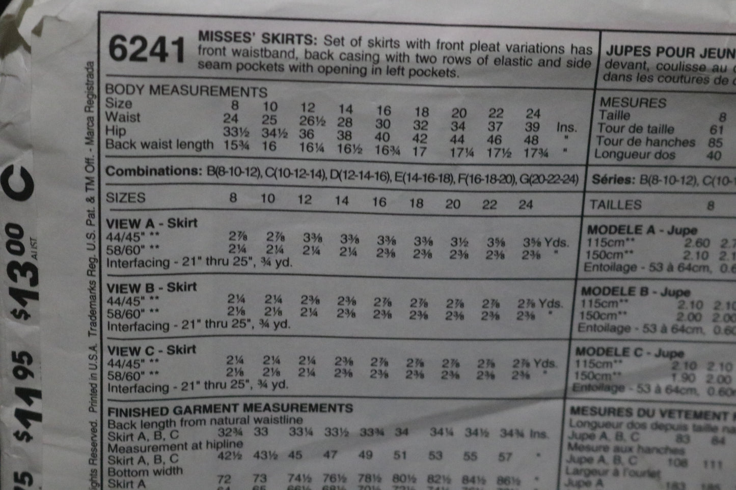 McCalls 6241  Misses Skirts Sewing Pattern UNCUT Size 12 14 16