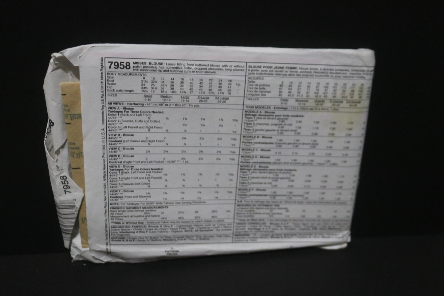 McCalls 7958 Misses Blouse Sewing Pattern UNCUT - Size Large (16,20) or Size XXL (24,26)