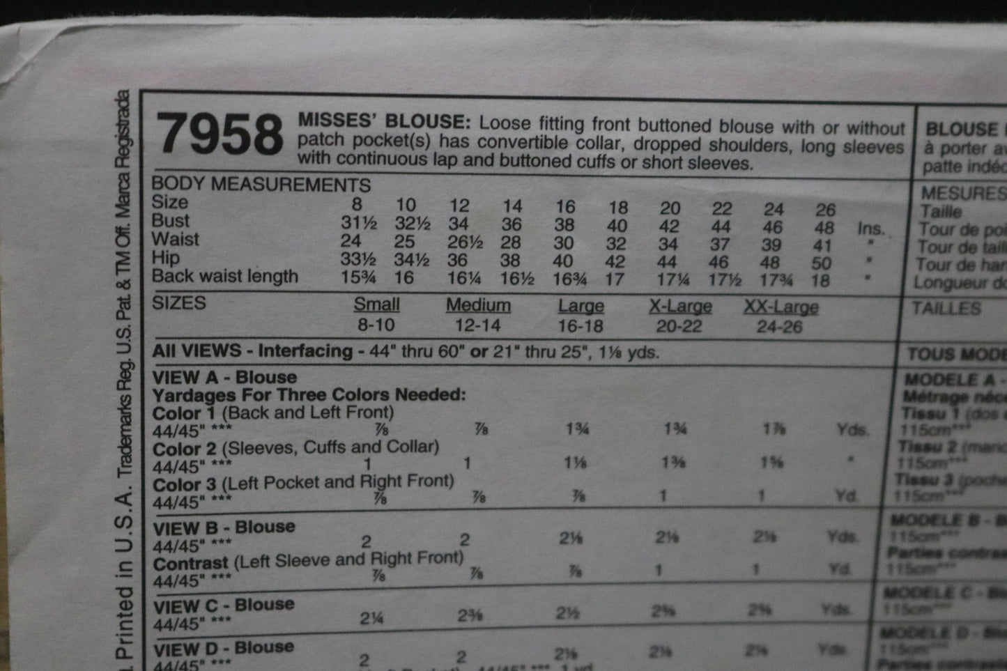 McCalls 7958 Misses Blouse Sewing Pattern UNCUT - Size Large (16,20) or Size XXL (24,26)