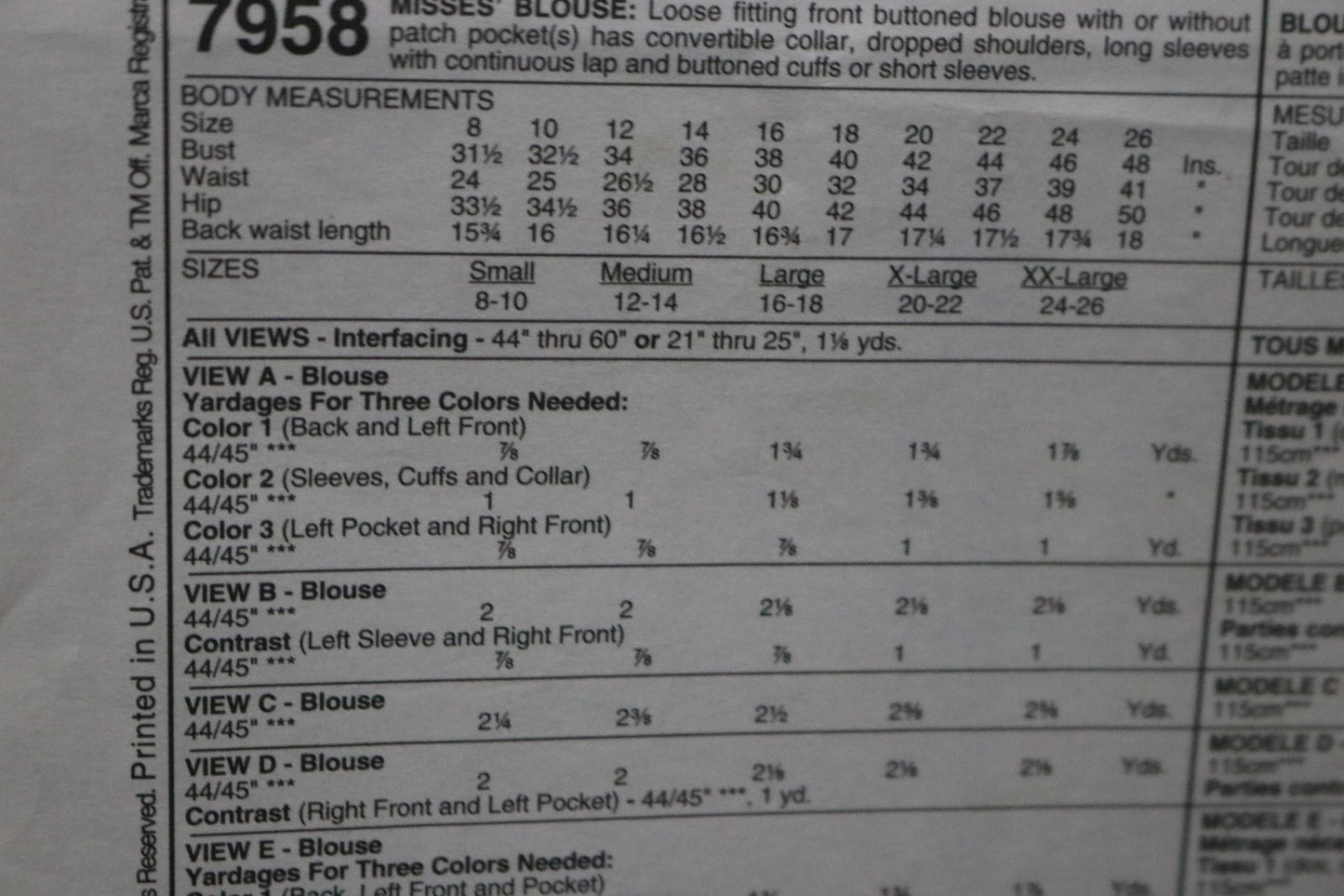 McCalls 7958 Misses Blouse Sewing Pattern UNCUT - Size Large (16,20) or Size XXL (24,26)