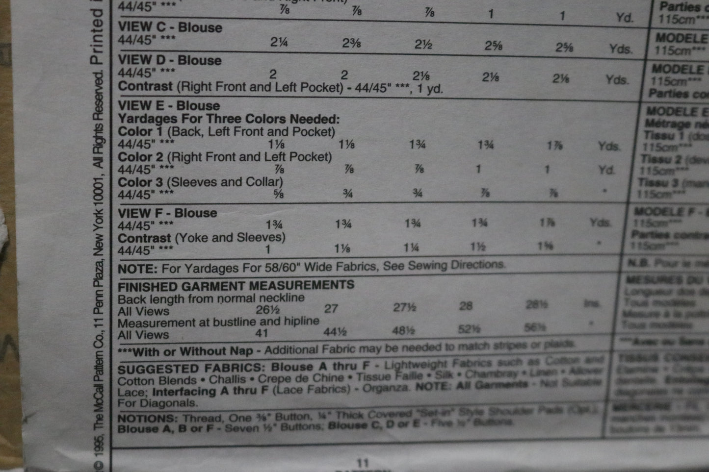 McCalls 7958 Misses Blouse Sewing Pattern UNCUT - Size Large (16,20) or Size XXL (24,26)