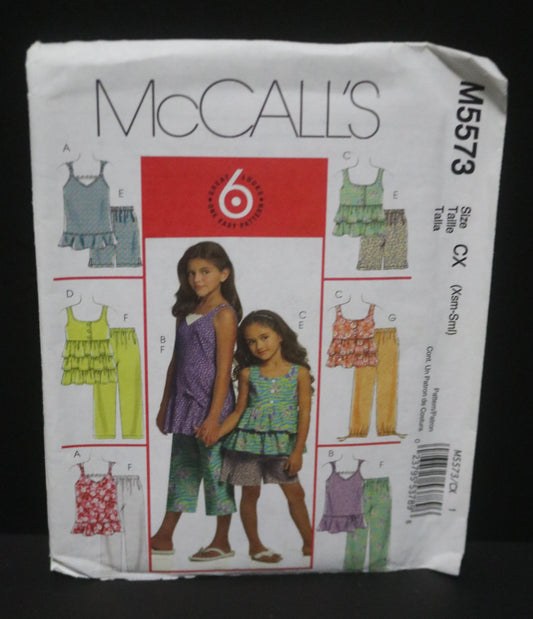 McCalls 5573 Childrens and Girls Tops Shorts and Capri Pants Sewing Pattern UNCUT Size Xsm Sml