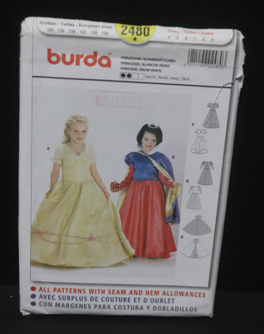 Burda 2480 Girls Princess and Snow White Sewing Pattern - UNCUT - Size 4 5 6 7 8 9