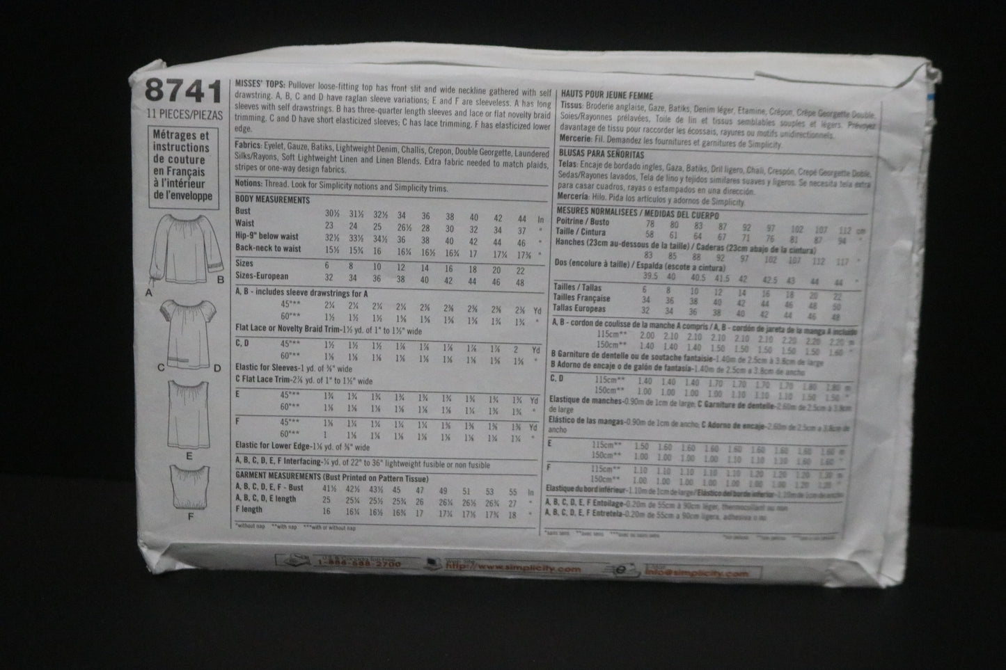 Simplicity 8741 Misses Tops Sewing Pattern - UNCUT - Size 18 20 22