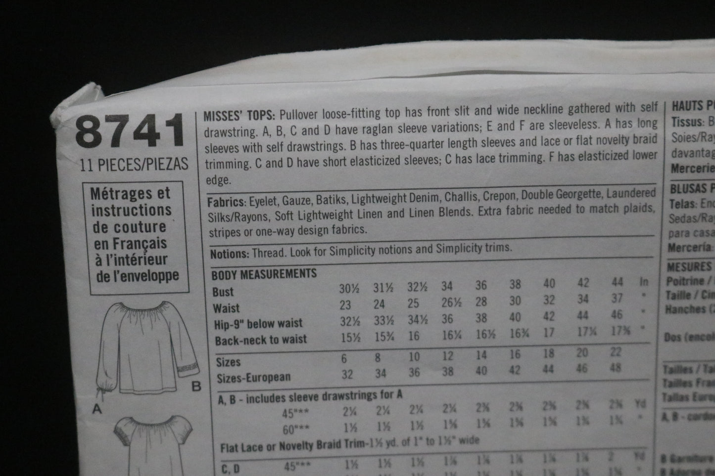 Simplicity 8741 Misses Tops Sewing Pattern - UNCUT - Size 18 20 22