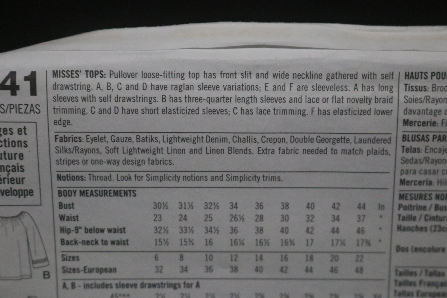Simplicity 8741 Misses Tops Sewing Pattern - UNCUT - Size 18 20 22