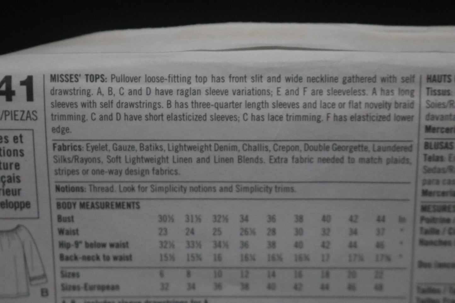 Simplicity 8741 Misses Tops Sewing Pattern - UNCUT - Size 18 20 22