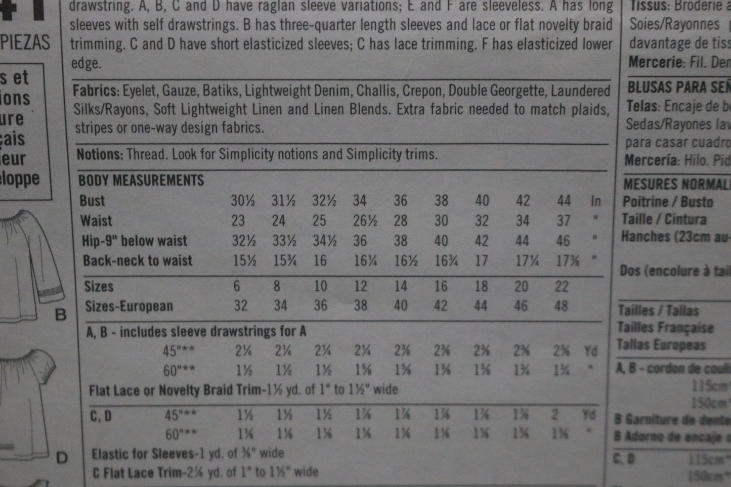 Simplicity 8741 Misses Tops Sewing Pattern - UNCUT - Size 18 20 22