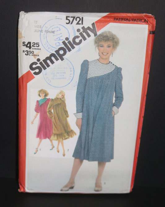 Simplicity 5721 Misses Asymmetric Dress with Quilted or Plain Yoke Sewing Pattern UNCUT Size 12