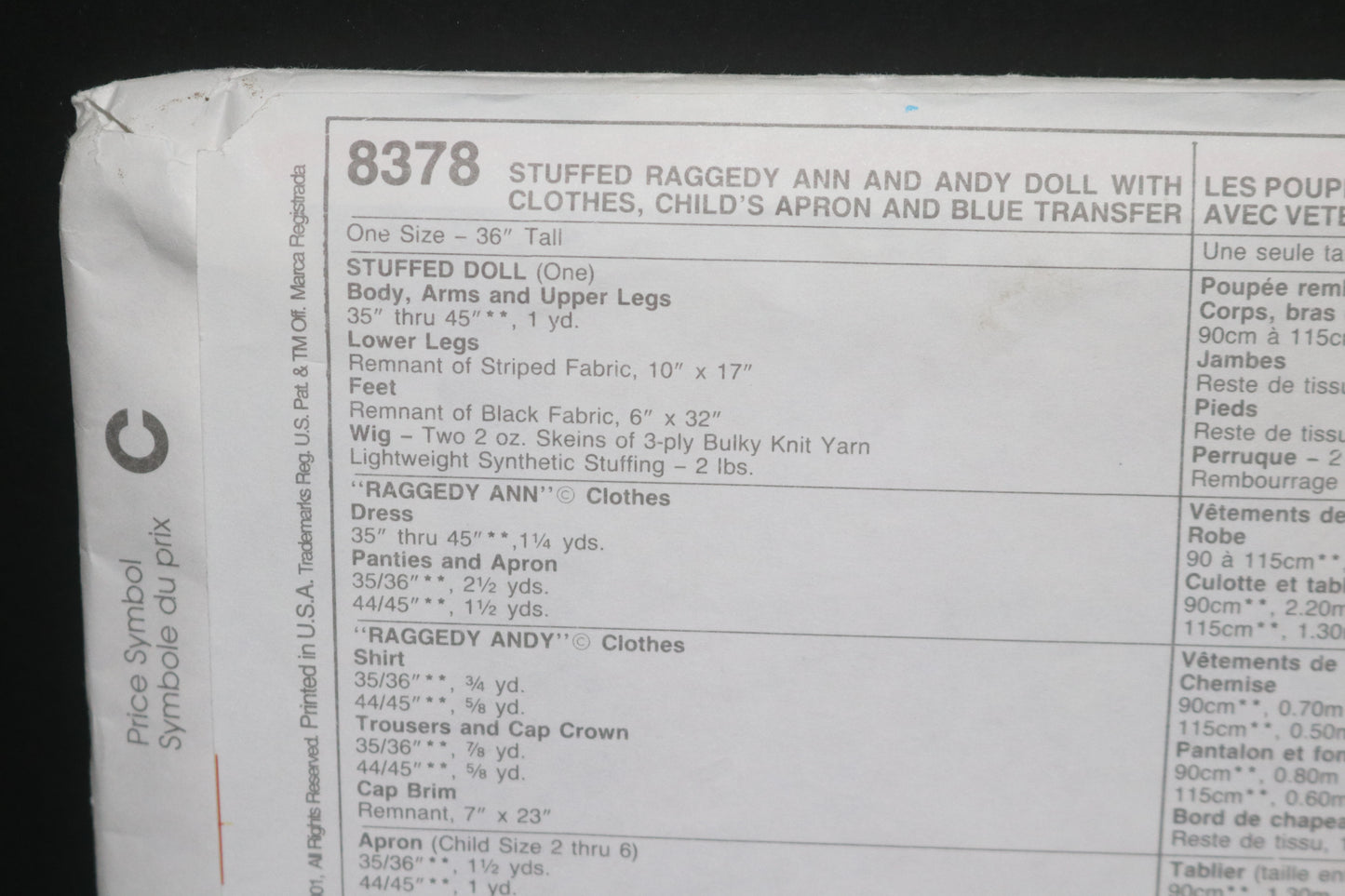 McCalls 2531 Raggedy Ann and Raggedy Andy Stuffed Dolls with Blue Transfer for embroidery Sewing Pattern Uncut