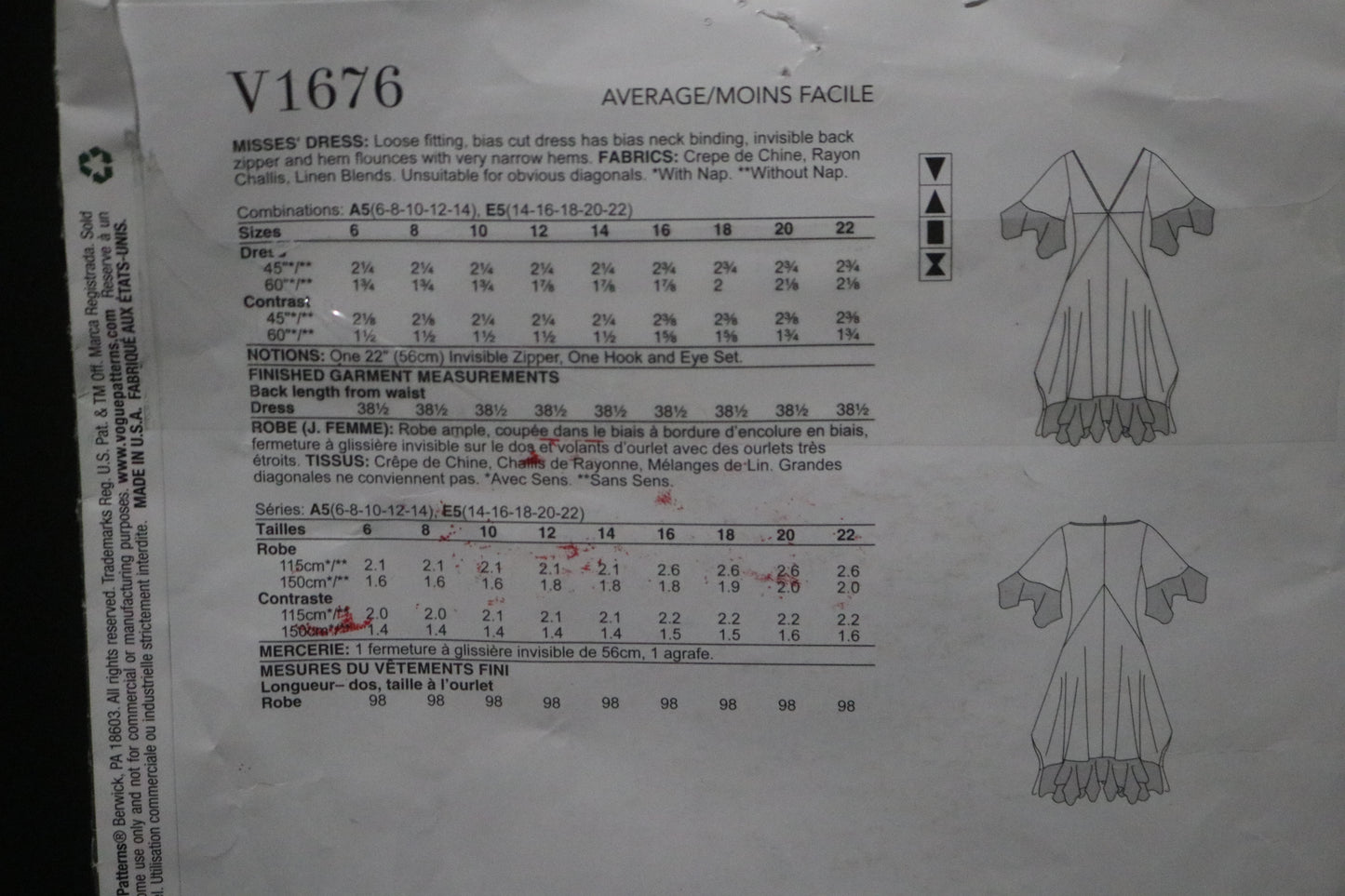 Vogue 1676 Zandra Rhodes Misses Dress Sewing Pattern - UNCUT - Size 14 16 18 20 22