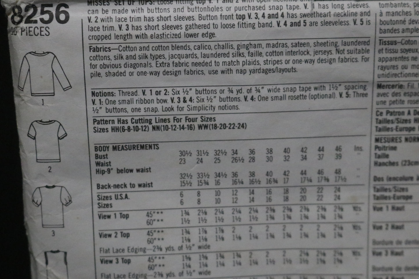 Simplicity 8256 Misses Set of Tops Sewing Pattern - UNCUT - Size 10 - 16