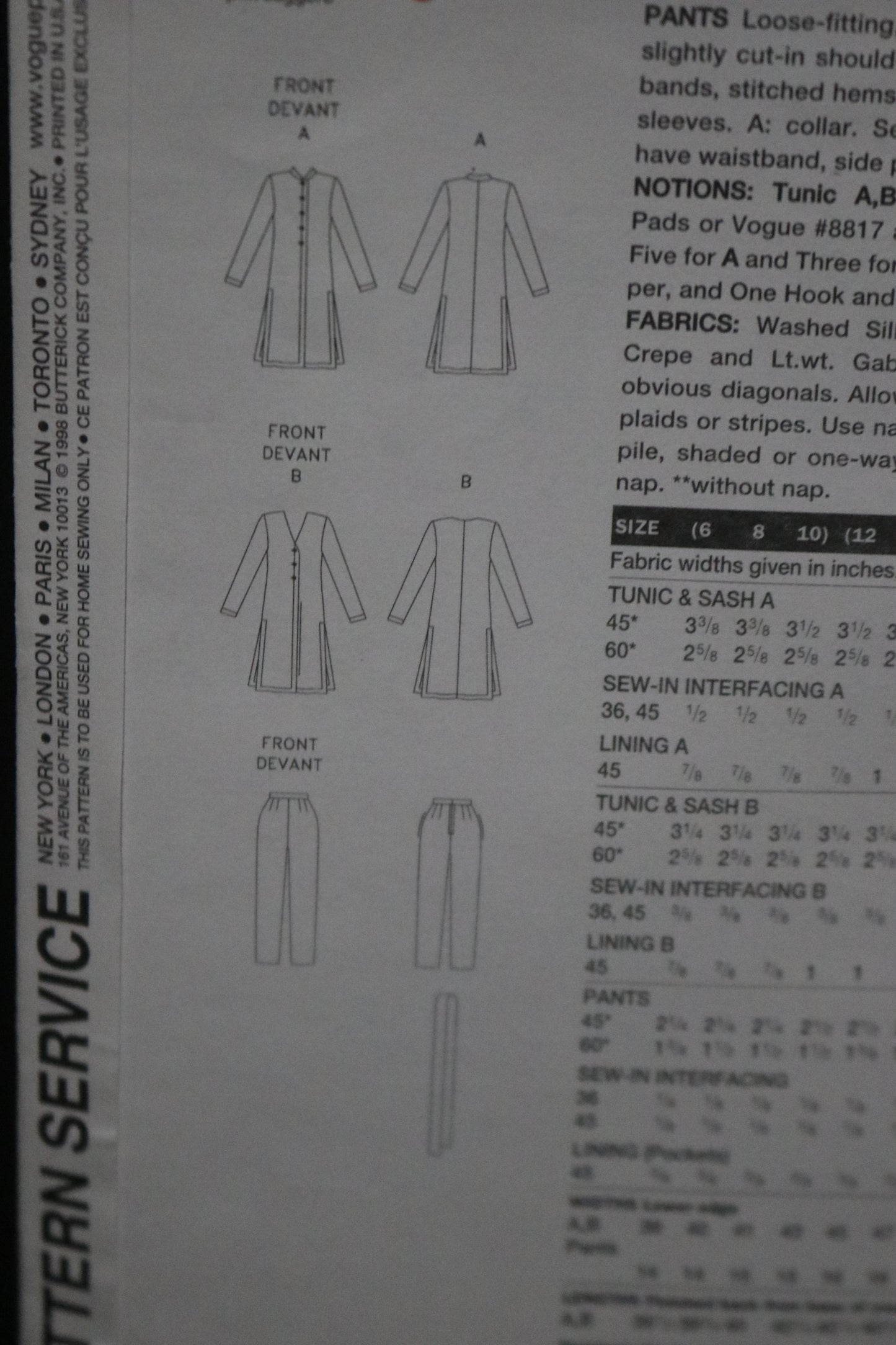 Vogue 2180 Yves Saint Laurent Misses / Misses Petite Tunic Sash and Pants Sewing Pattern - UNCUT -  Size 6 8 10