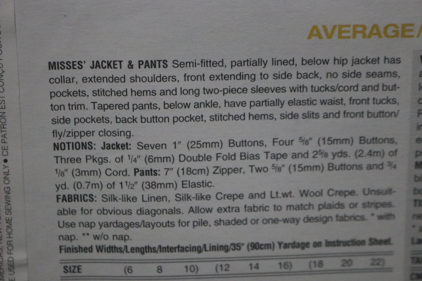 Vogue 1764 Issey Miyake Misses Jacket and Pants Sewing Pattern - UNCUT -  Size 6 8 10