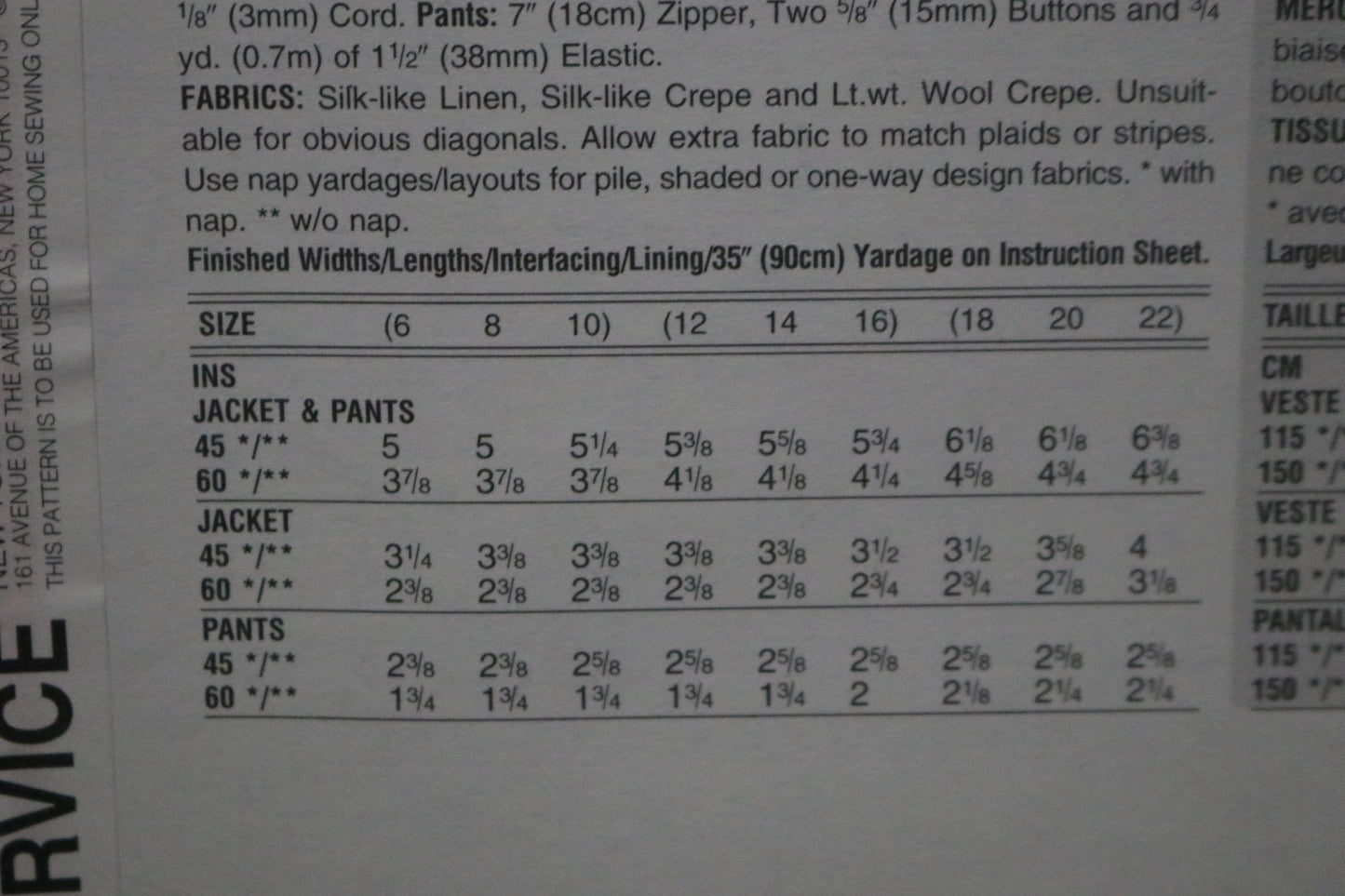 Vogue 1764 Issey Miyake Misses Jacket and Pants Sewing Pattern - UNCUT -  Size 6 8 10