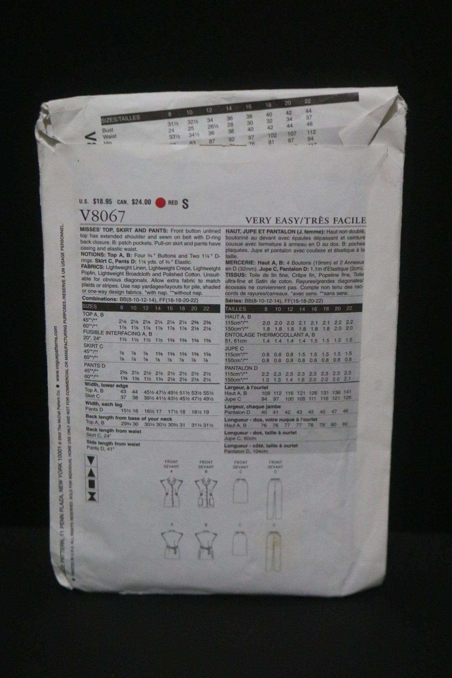 Vogue 8067 Misses Top Skirt and Pants Sewing Pattern - UNCUT - Size 16 18 20 22