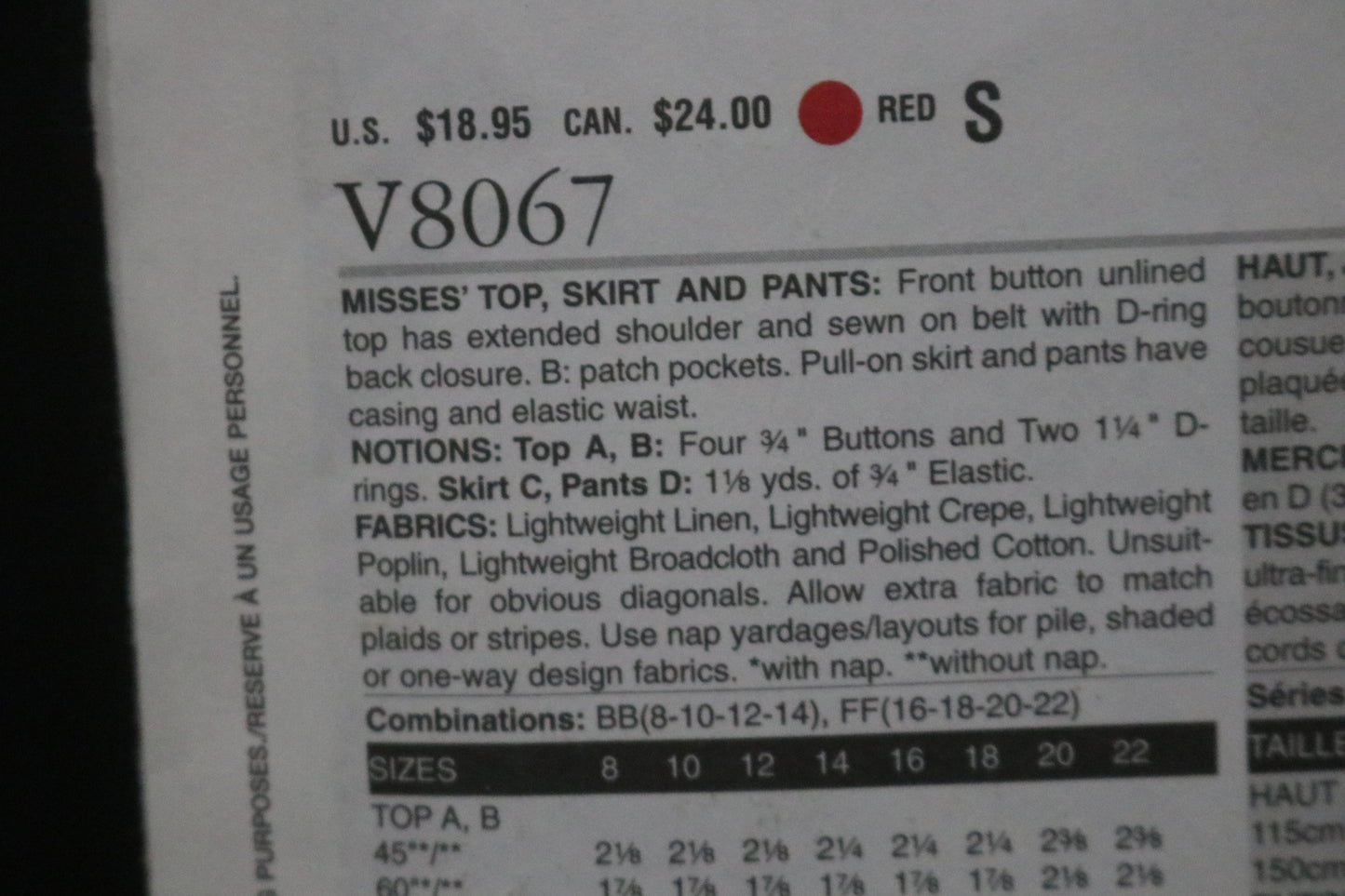 Vogue 8067 Misses Top Skirt and Pants Sewing Pattern - UNCUT - Size 16 18 20 22