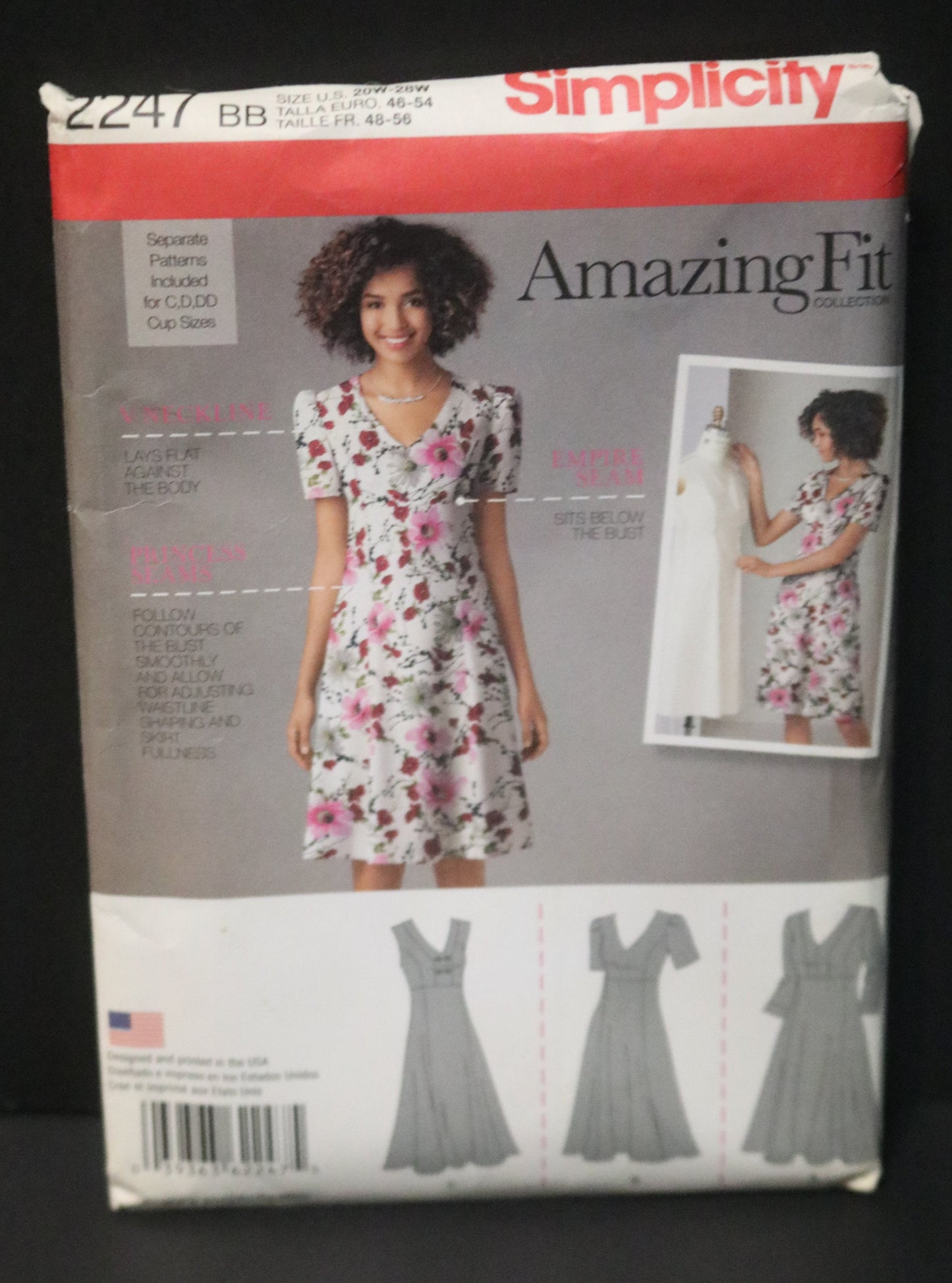 Simplicity 2247 Amazing Fit Women's Dress with Individual Pattern Pieces for B,C,D cup or C,D, DD Cup Sizes Sewing Pattern UNCUT - Size 20w 22w 24w 26w