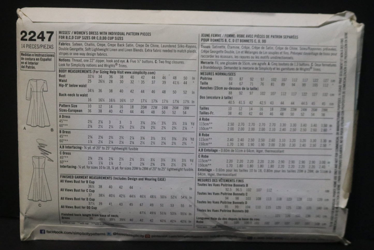 Simplicity 2247 Amazing Fit Women's Dress with Individual Pattern Pieces for B,C,D cup or C,D, DD Cup Sizes Sewing Pattern UNCUT - Size 20w 22w 24w 26w
