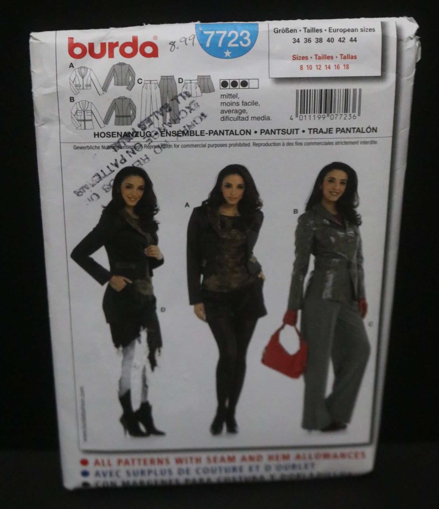 Burda 7723 Misses Semi Fitted Pantsuit Sewing Pattern - UNCUT - Size 8 10 12 14 16 18