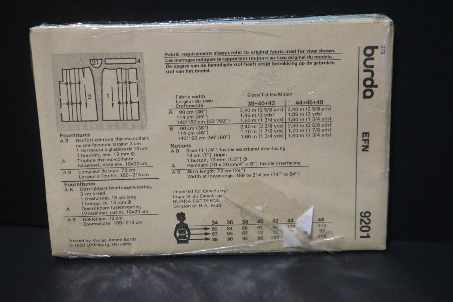 Burda 9201 Misses Skirt Sewing Pattern - UNCUT - Size 12 14 16