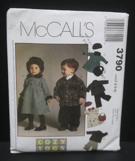 McCalls 3790 Toddlers Jacket Dresses Pants Hats in Two Sizes and Bags Sewing Pattern - Size 1 2 3 4