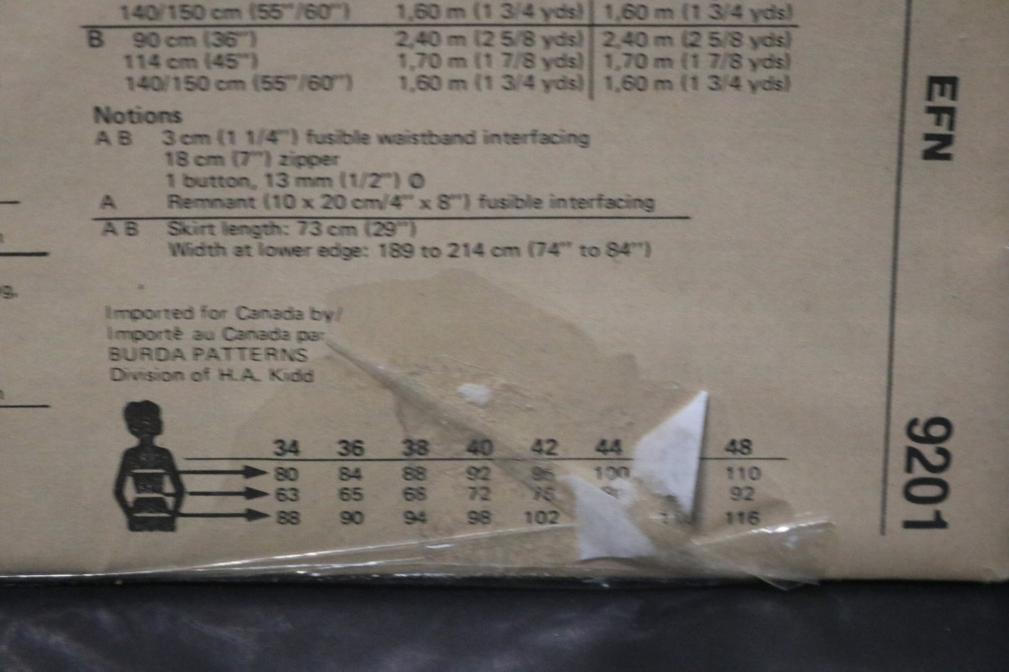 Burda 9201 Misses Skirt Sewing Pattern - UNCUT - Size 12 14 16