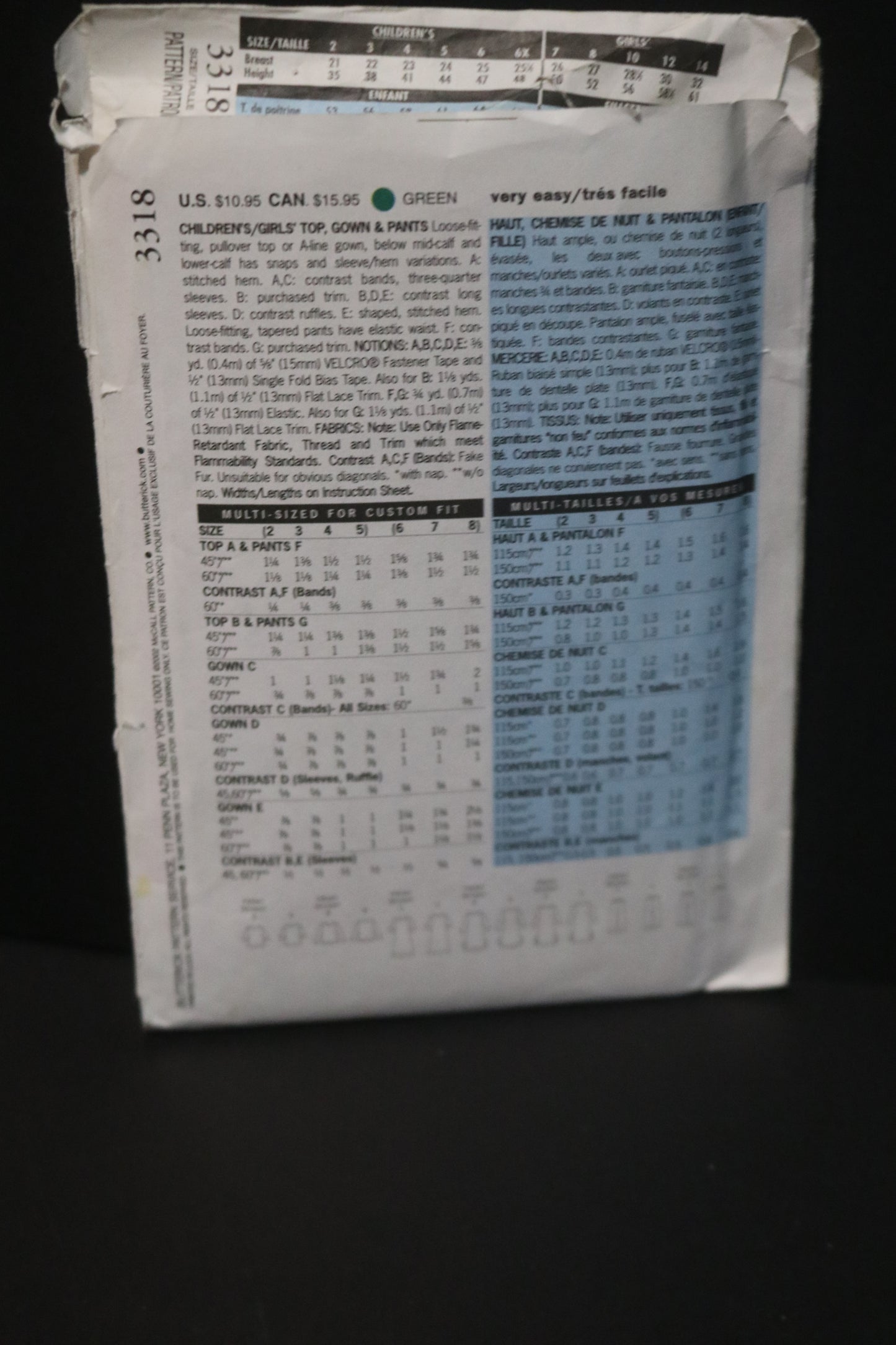 Butterick 3318 Children's Girls Top Gown and Pants Sewing Pattern - UNCUT Size 6 7 8