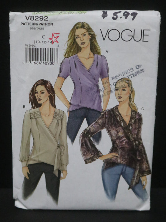 Vogue 8292 Misses Blouse Sewing Pattern - UNCUT - Size 10 12 14