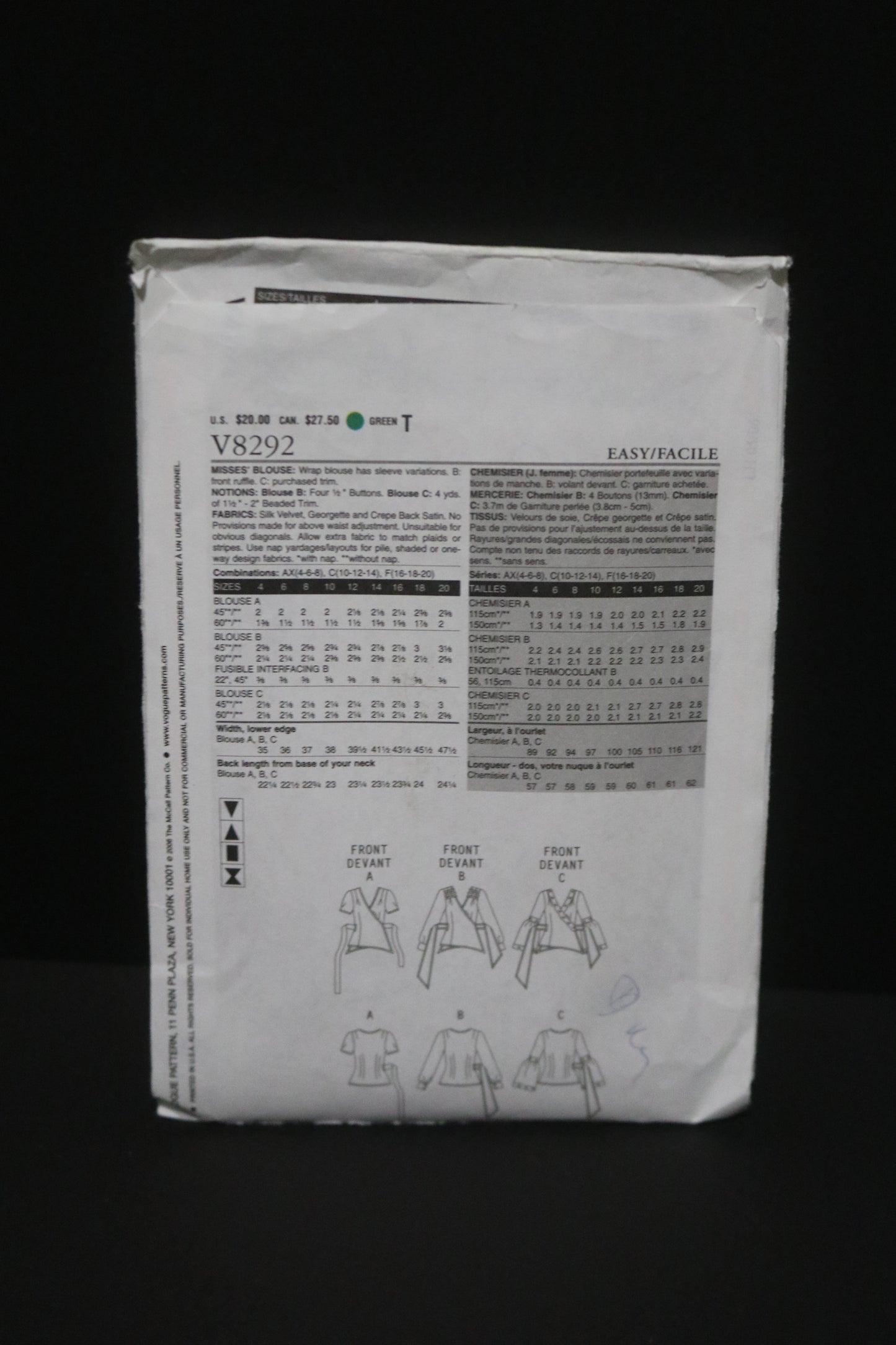 Vogue 8292 Misses Blouse Sewing Pattern - UNCUT - Size 10 12 14