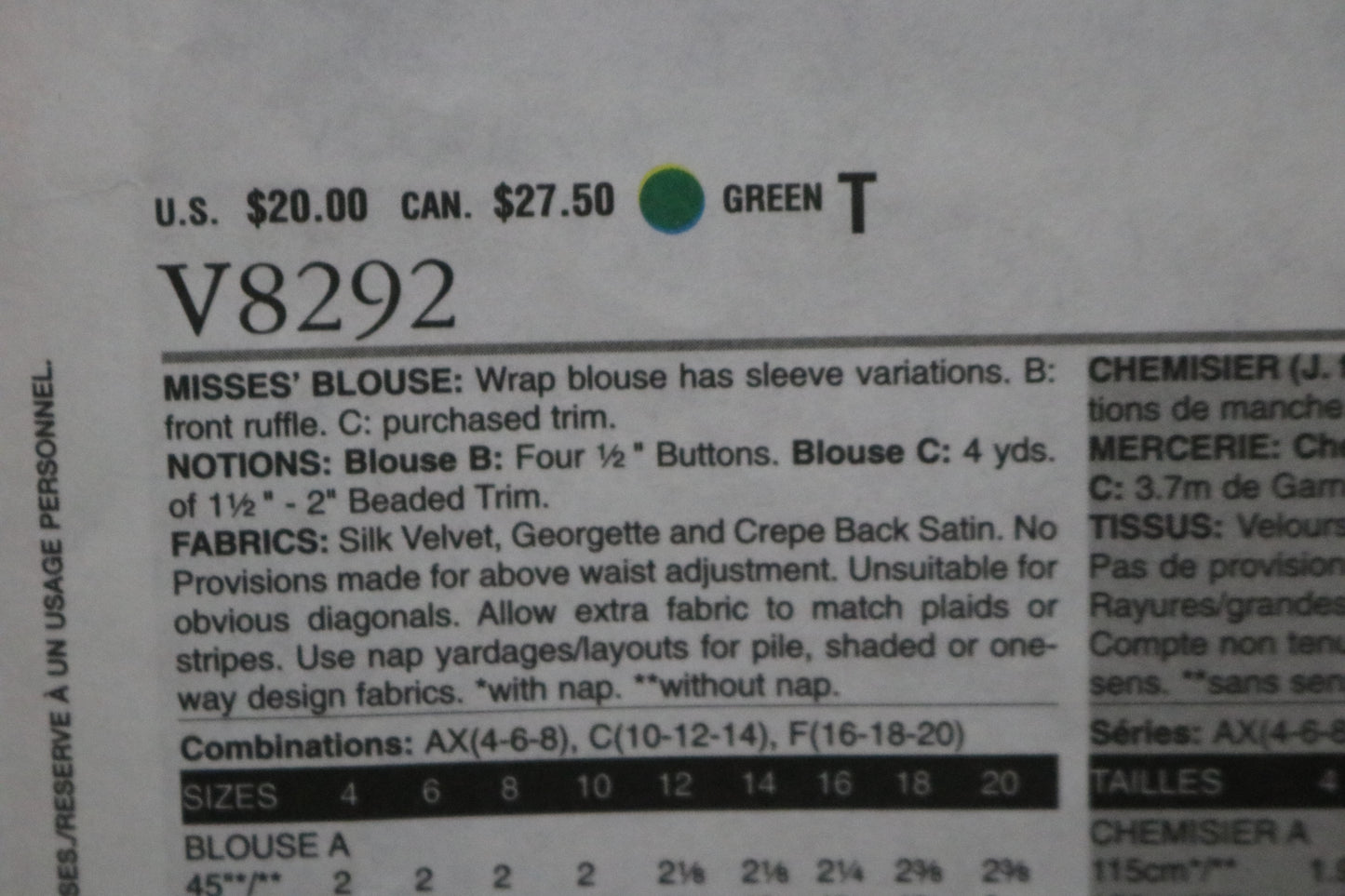 Vogue 8292 Misses Blouse Sewing Pattern - UNCUT - Size 10 12 14