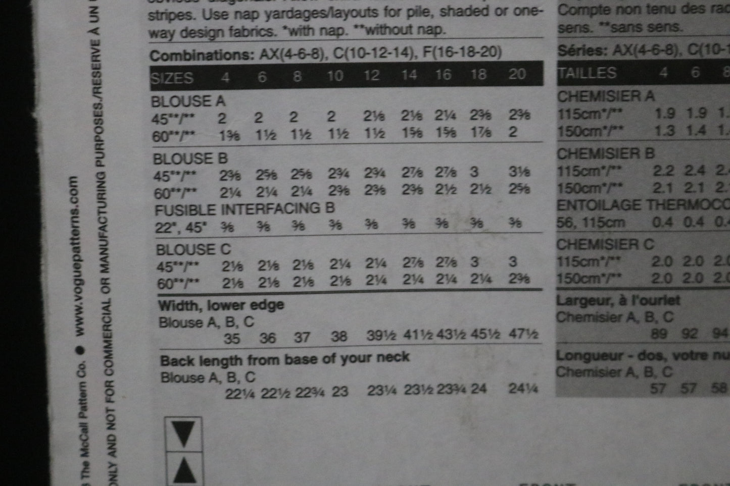 Vogue 8292 Misses Blouse Sewing Pattern - UNCUT - Size 10 12 14