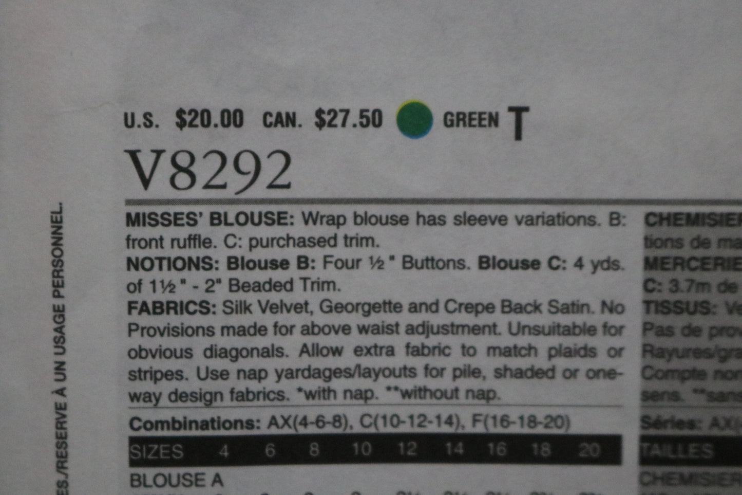 Vogue 8292 Misses Blouse Sewing Pattern - UNCUT - Size 10 12 14