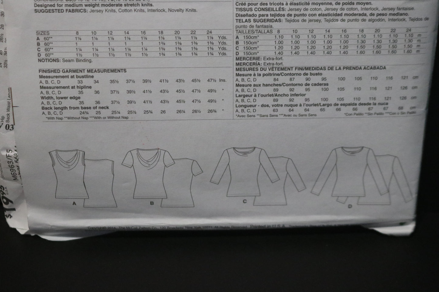 McCalls 6963 Palmer / pletsch Misses Tops Sewing Pattern - UNCUT - Size 16 18 20 22 24