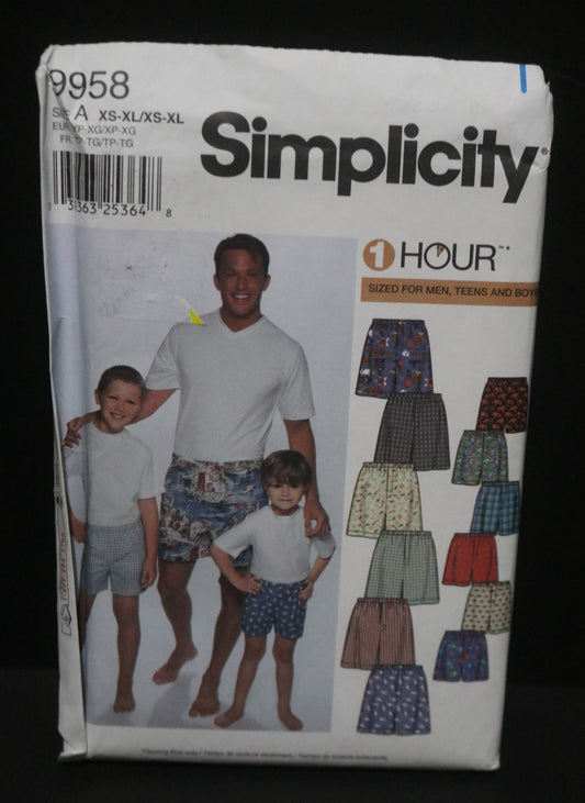 Simplicity 9958 Boys and Men's Boxer Shorts Sewing Pattern UNCUT Boys Size S M L Mens Size S M L XL