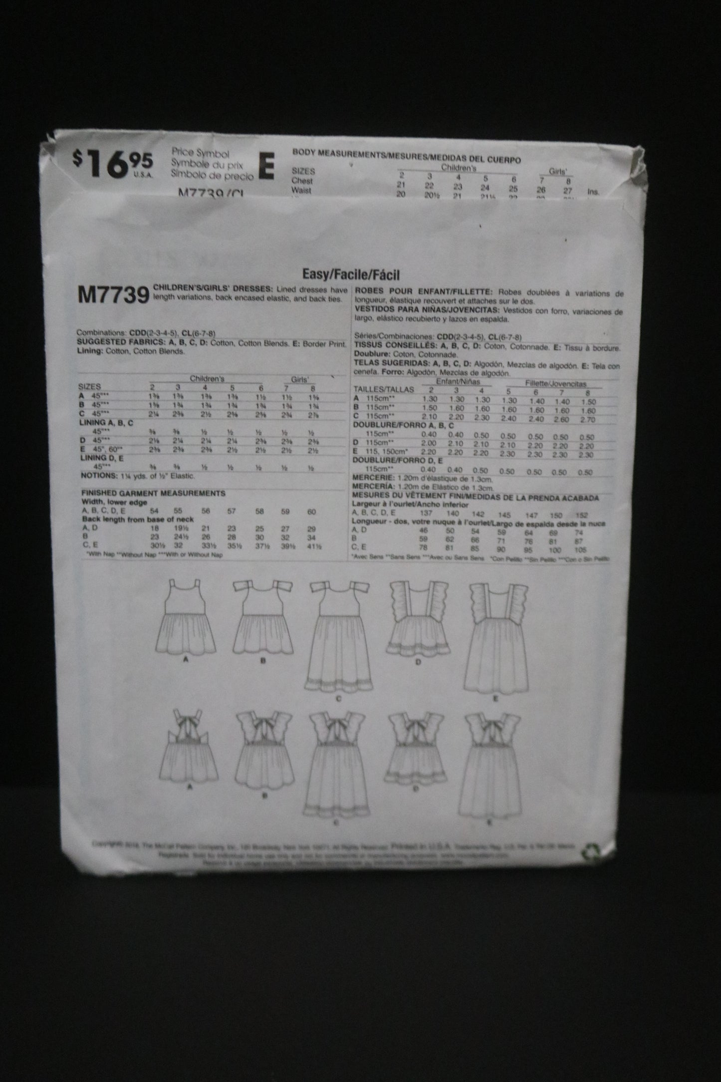 McCalls 7739 Children's Girls Dress Sewing Pattern UNCUT Size 6 7 8