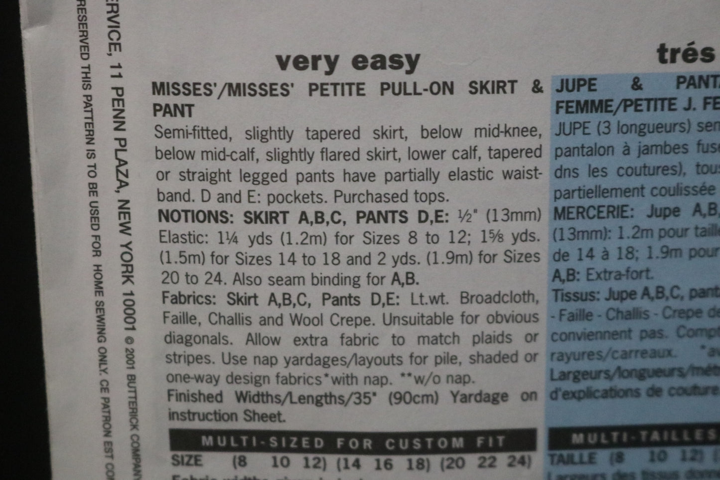 Butterick 3133 Misses / Misses Petite Pull on Skirt and Pants Sewing Pattern UNCUT Size 14 16 18