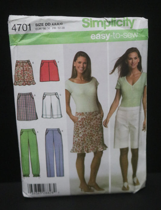 Simplicity 4701 Misses Pants or Shorts and Skirt in Three Lengths Sewing Pattern - UNCUT -  Size 4 6 8 10