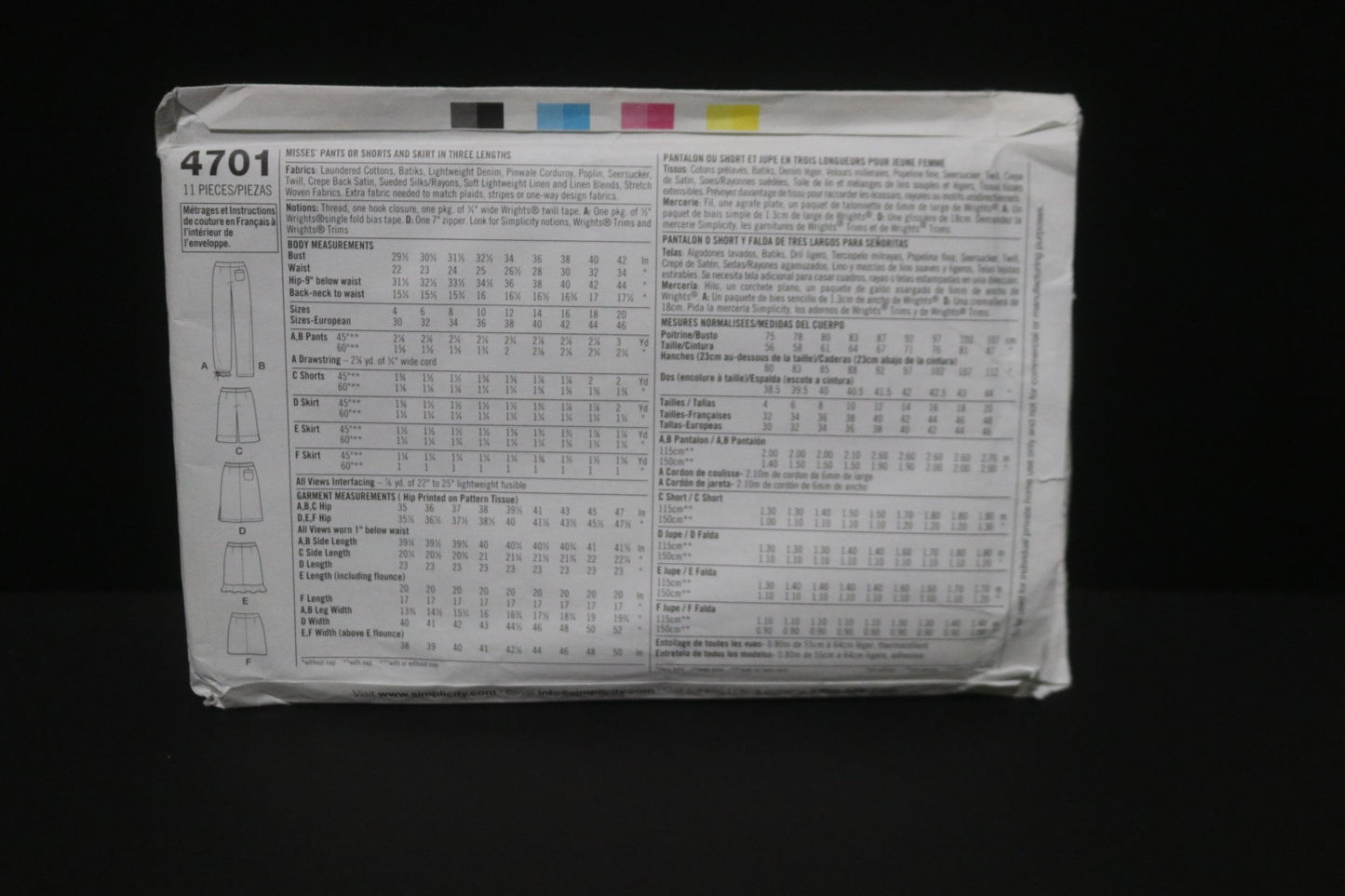 Simplicity 4701 Misses Pants or Shorts and Skirt in Three Lengths Sewing Pattern - UNCUT -  Size 4 6 8 10