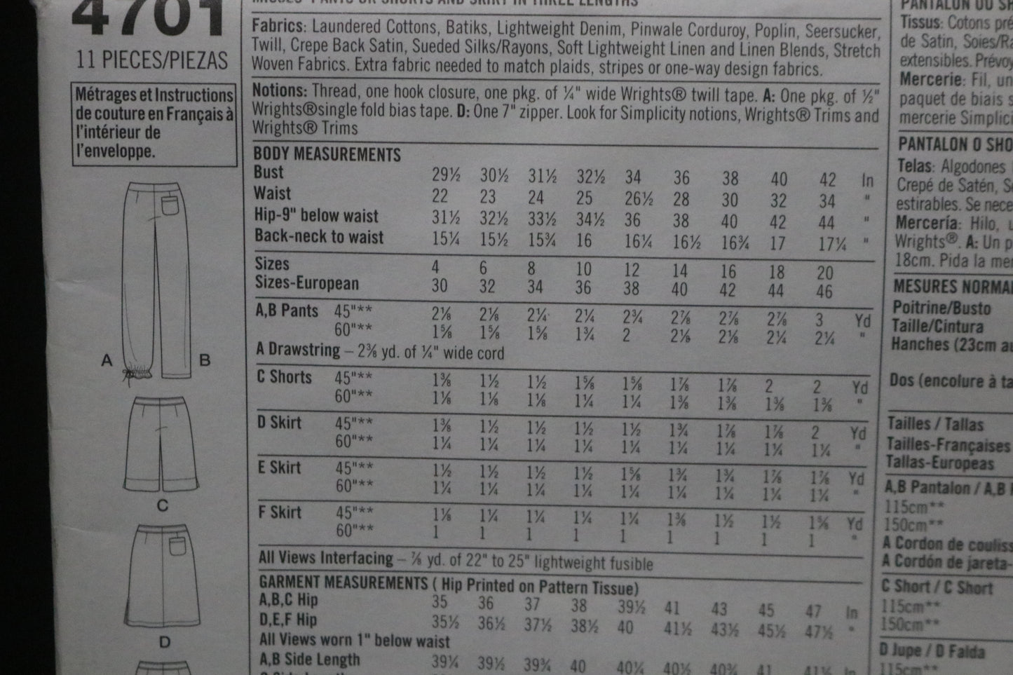 Simplicity 4701 Misses Pants or Shorts and Skirt in Three Lengths Sewing Pattern - UNCUT -  Size 4 6 8 10