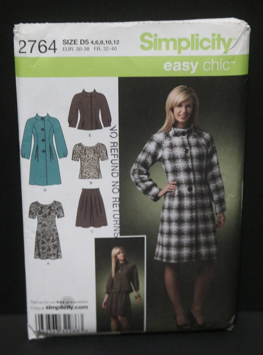 Simplicity 2764 Misses / Miss Petite Coat or Jacket, Dress or Top and Skirt Sewing Pattern - UNCUT - Size 4 6 8 10 12